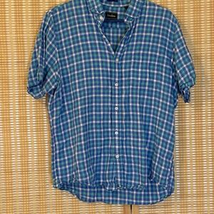 Neiman Marcus Mens L Shirt Button Up Casual 100% Linen Preppy Plaid Leisure